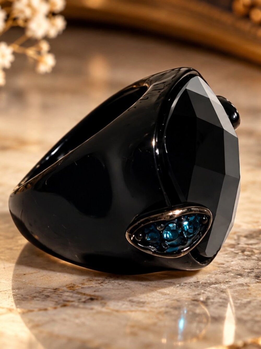 Statement Black Cocktail Ring with Faceted Stone & Blue Rhinestone Accents
